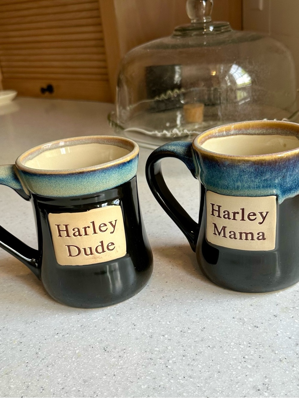 Harley-Davidson Black Mugs with Blue and Cream Rims - Harley Dude & Harley Mama